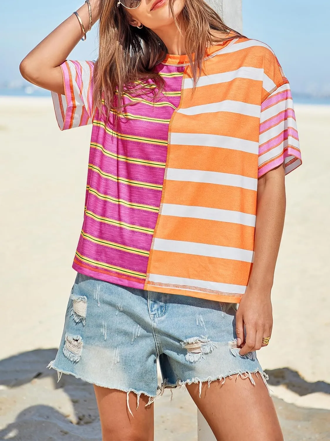 Tankaneo Womens Summer Striped Shirts Casual Color Block Short Sleeve Tops Loose Fit Crew Neck Tees
