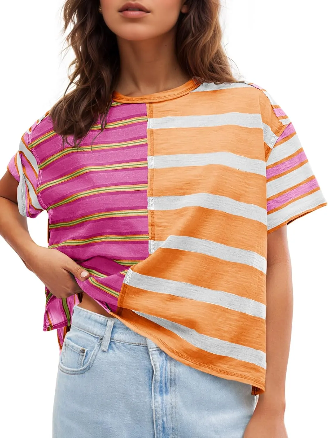 Tankaneo Womens Summer Striped Shirts Casual Color Block Short Sleeve Tops Loose Fit Crew Neck Tees