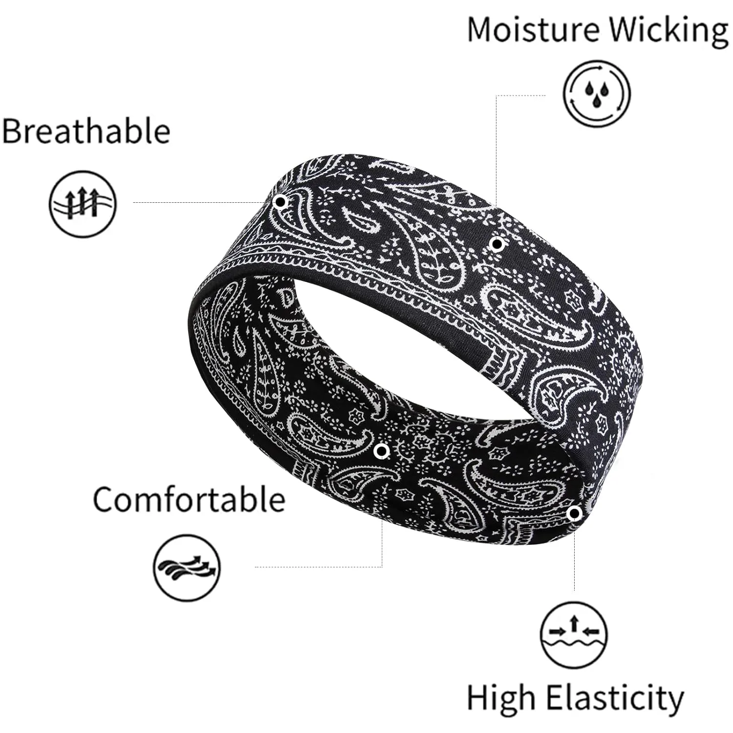 TERSE Paisely Headbands for Women Short Hair Bandana Headbands Non Slip Elastic Sweat Hairbands Soft Fabric Workout Yoga Running Sport Thin Hair Wrap for Girls