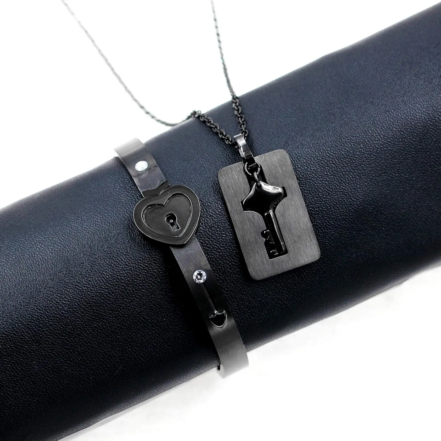 Uloveido Rose Gold Plated Titanium Matching Puzzle Couple Heart Lock Bracelet and Key Pendant Necklace for Men and Women