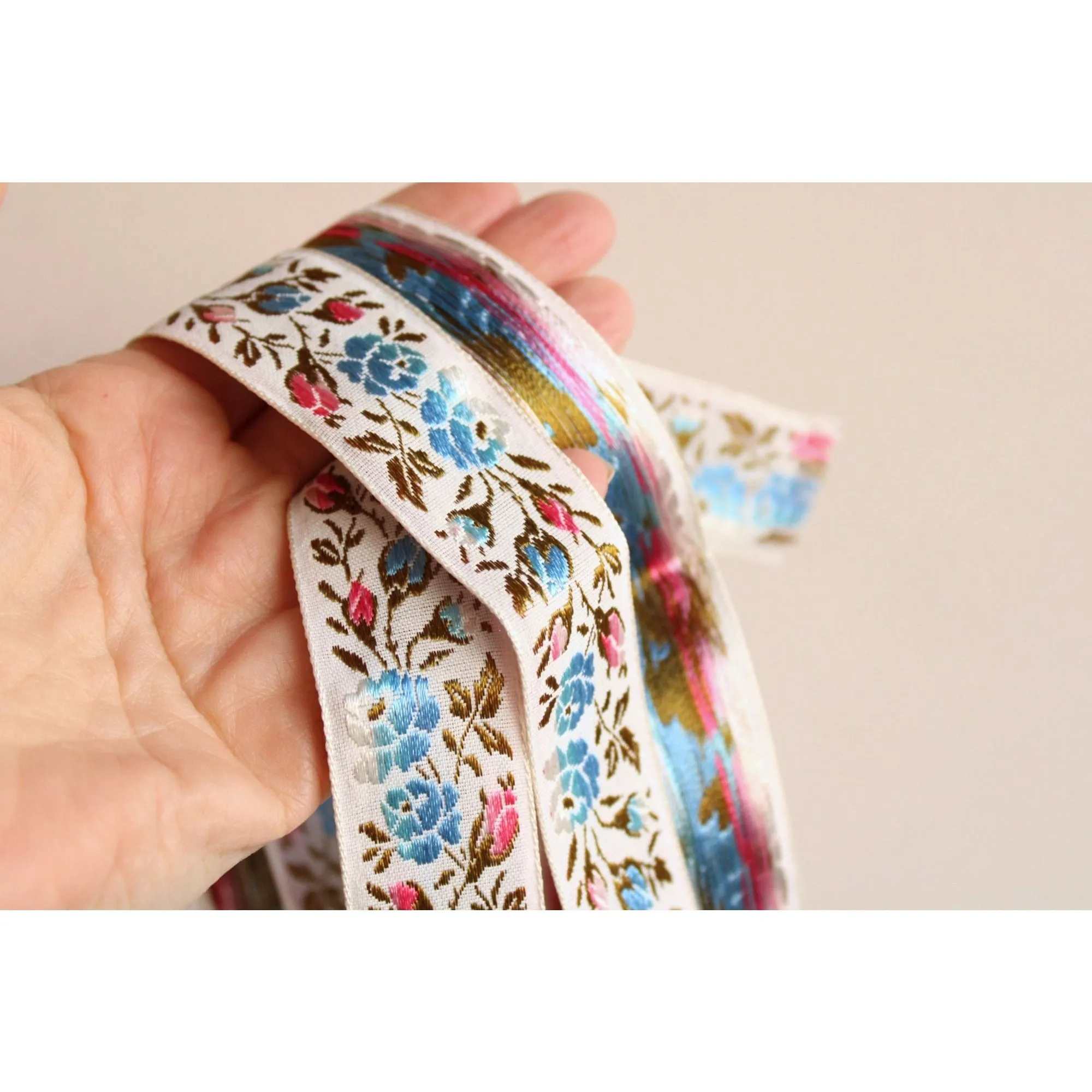 Vintage Jacquard Ribbon Trim, Pink Blue And White, 2.5 Yards, 1 Inch Wide