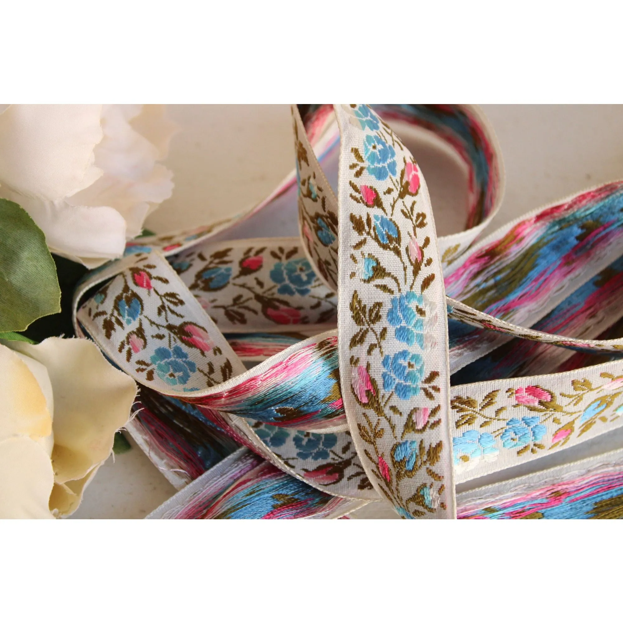 Vintage Jacquard Ribbon Trim, Pink Blue And White, 2.5 Yards, 1 Inch Wide