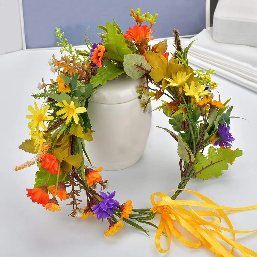 Vivivalue Floral Crown Flower Garland Headband Hair Wreath Floral Headpiece Halo Boho with Ribbon Wedding Party Festival Photos Orange