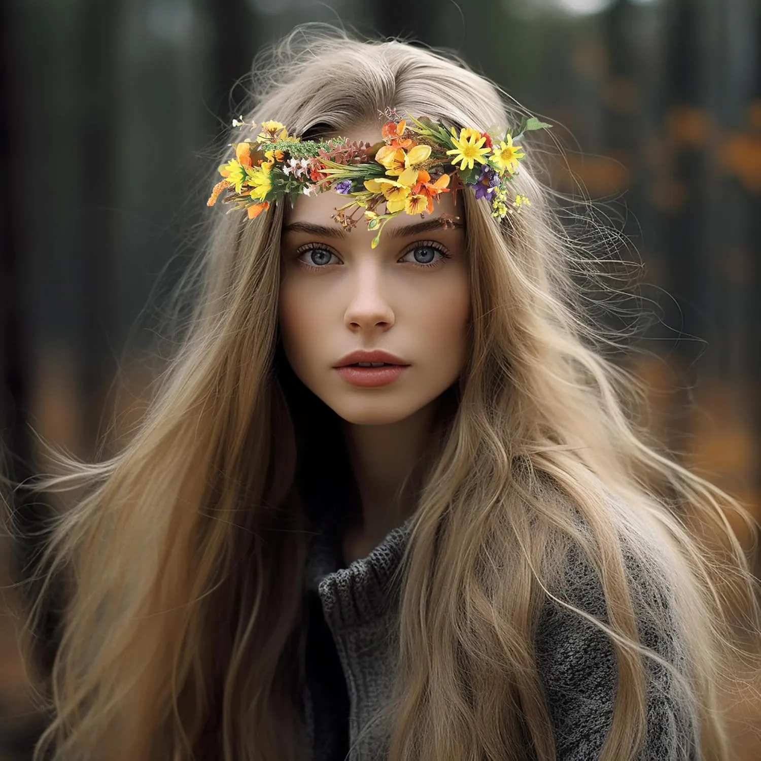 Vivivalue Floral Crown Flower Garland Headband Hair Wreath Floral Headpiece Halo Boho with Ribbon Wedding Party Festival Photos Orange