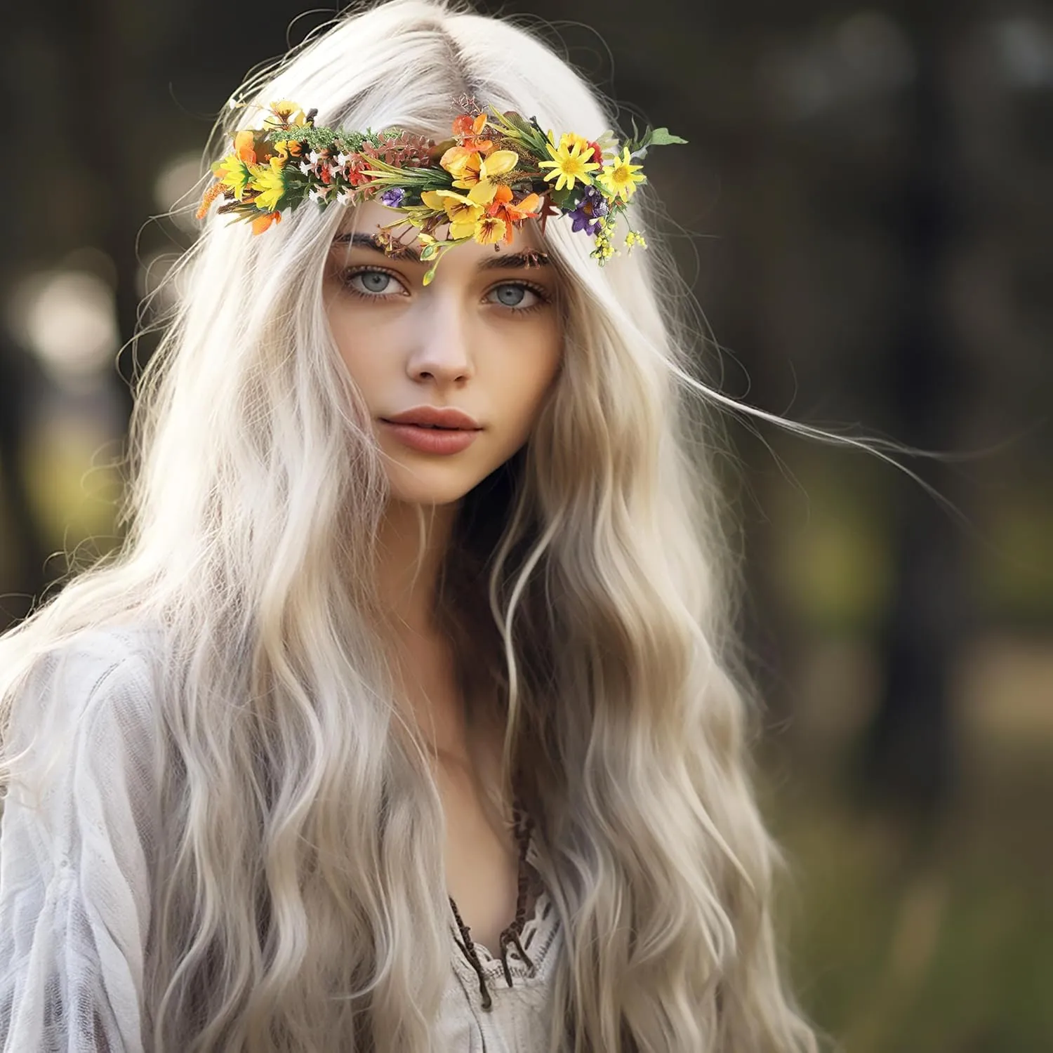 Vivivalue Floral Crown Flower Garland Headband Hair Wreath Floral Headpiece Halo Boho with Ribbon Wedding Party Festival Photos Orange