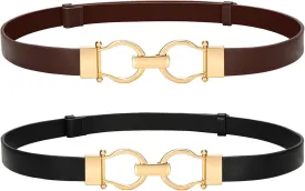 VONMELLI 2 Pack Women's Leather Belts for Jeans Dress Pants Ladies Waist Belt Skinny Belt with Fashion Gold Buckle