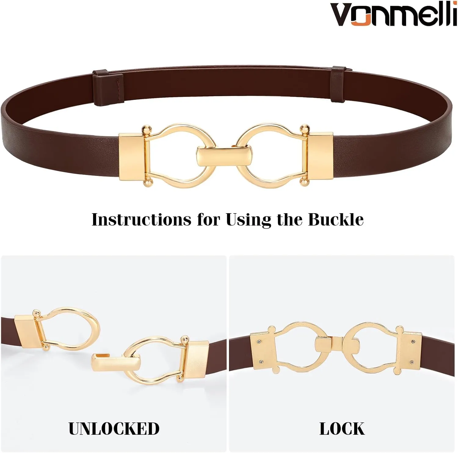 VONMELLI 2 Pack Women's Leather Belts for Jeans Dress Pants Ladies Waist Belt Skinny Belt with Fashion Gold Buckle