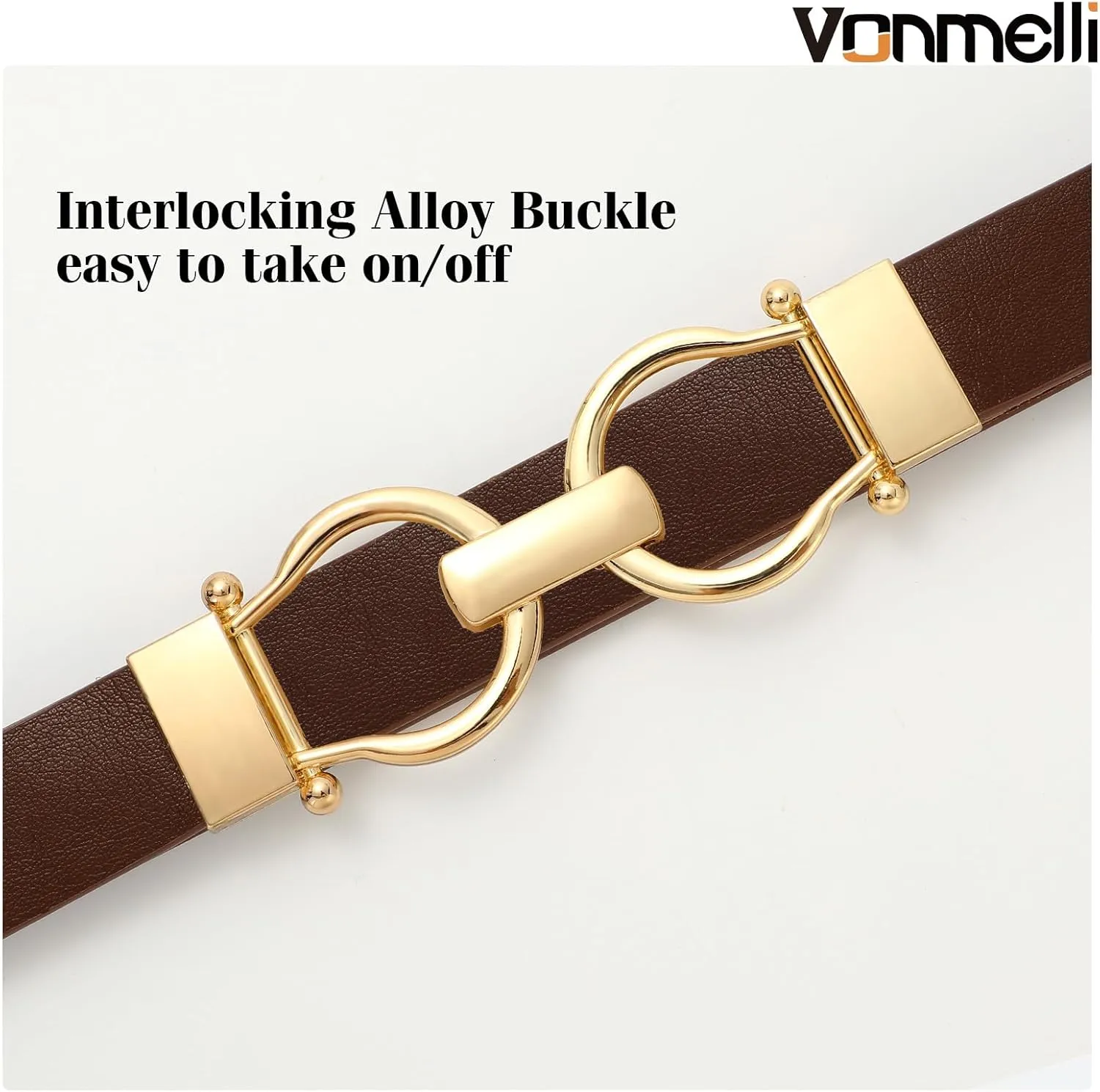 VONMELLI 2 Pack Women's Leather Belts for Jeans Dress Pants Ladies Waist Belt Skinny Belt with Fashion Gold Buckle