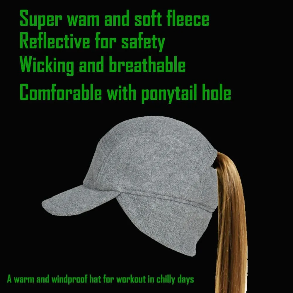 Womens Athletic Winter Hat with Ponytail Hole - Fleece Running Hat for Womens